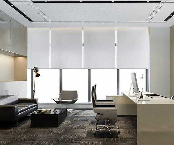 Cortinas en Leganés 2 Estores enrollables blancos instalados en oficina moderna